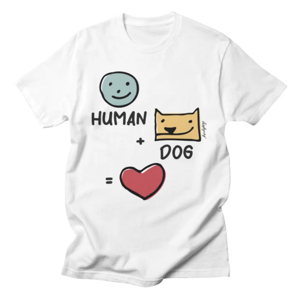 Human face, doodle dog, and red heart on white t-shirt with text “Human + Dog = Love”