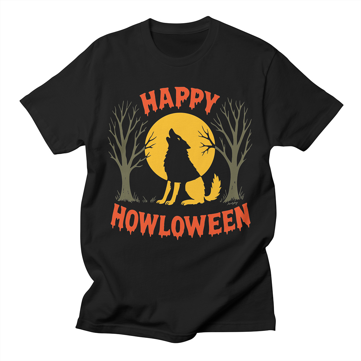 Happy Howloween fox wolf dog art shirt – hand drawn wolf howling at orange moon design