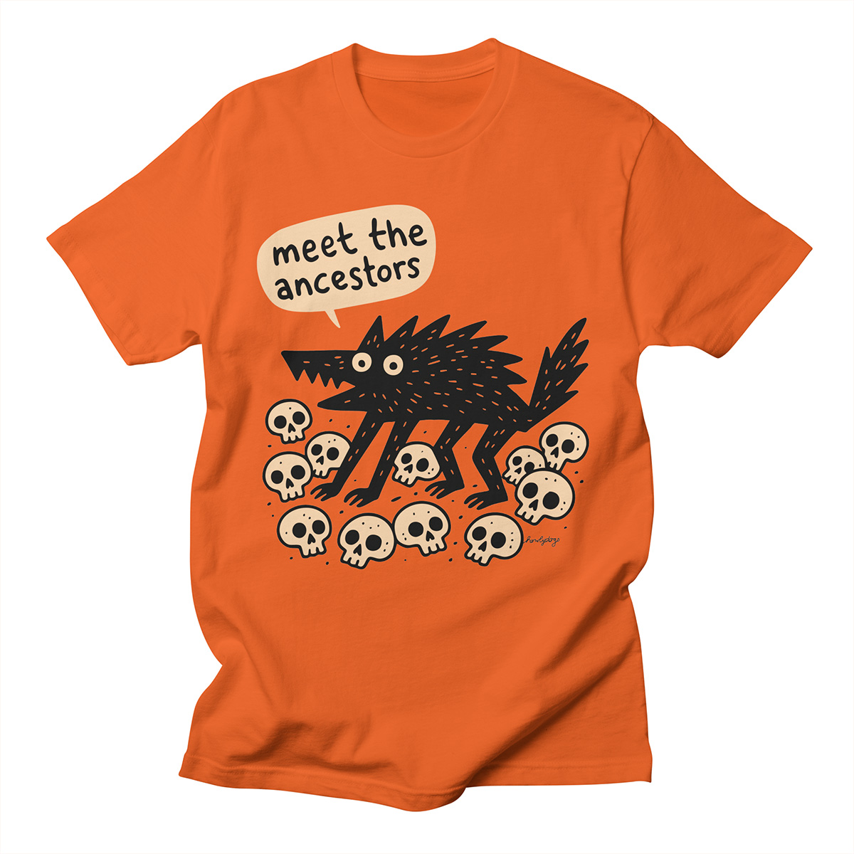 Funny Halloween wolf T-shirt – “Meet the Ancestors” by Howly Dogs, printed in USA.